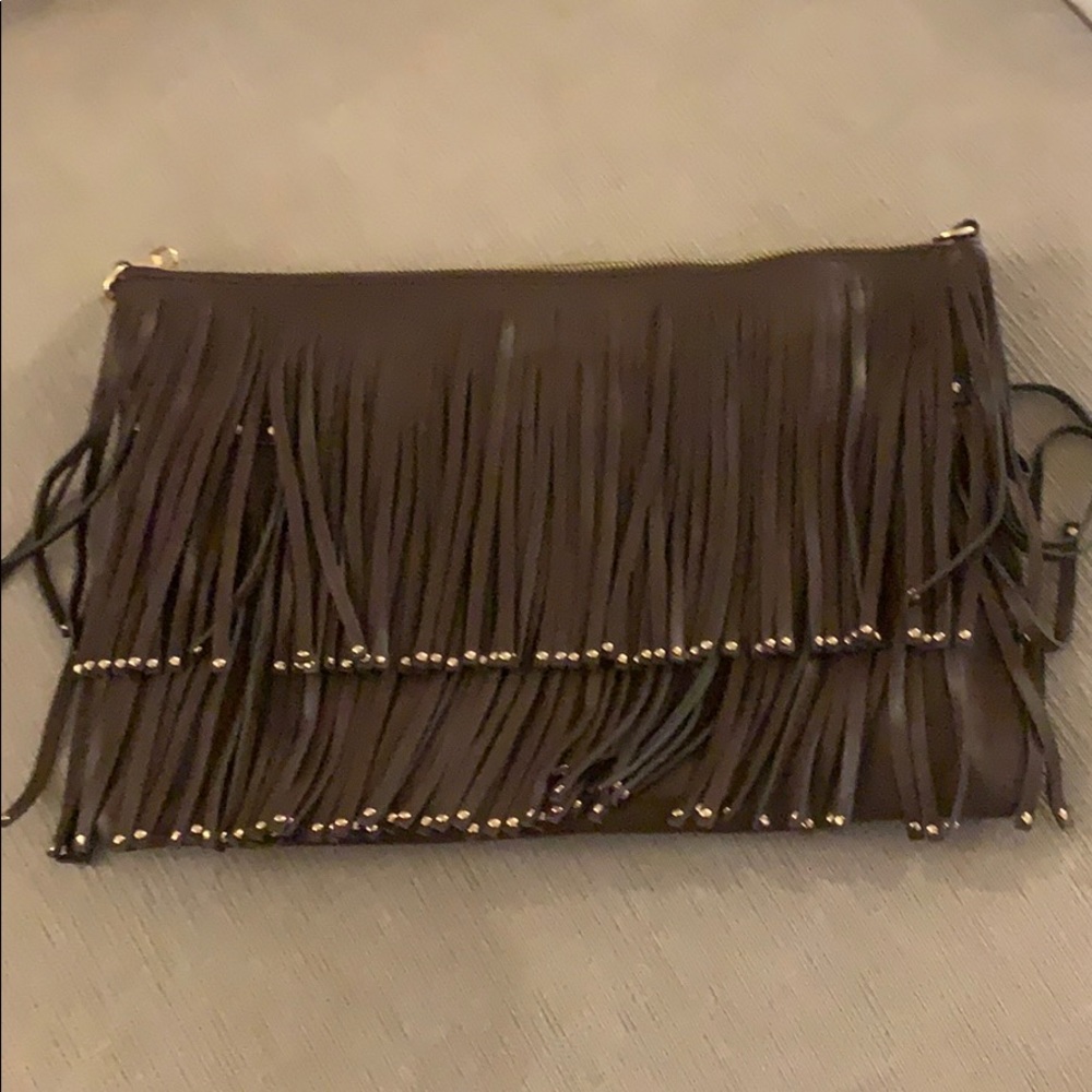 Brown leather fringe clutch